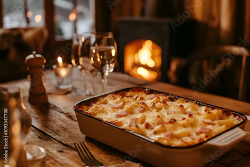 Wallpaper Mural Gratin de Crozets in a rectangular dish, golden crust removed to reveal creamy pasta and ham, on a wooden table in a cozy French chalet with a glowing chimney Torontodigital.ca