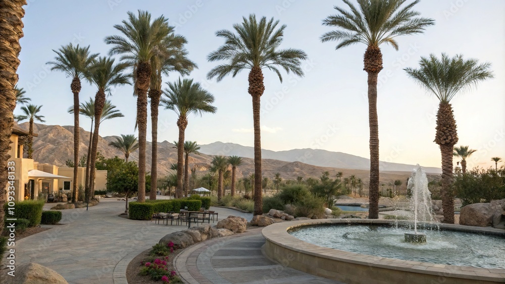 Luxurious Desert Oasis with Palm Trees and Fountain, peaceful atmosphere, luxurious Luxurious Desert Oasis with Palm Trees and Fountain, peaceful atmosphere, luxurious