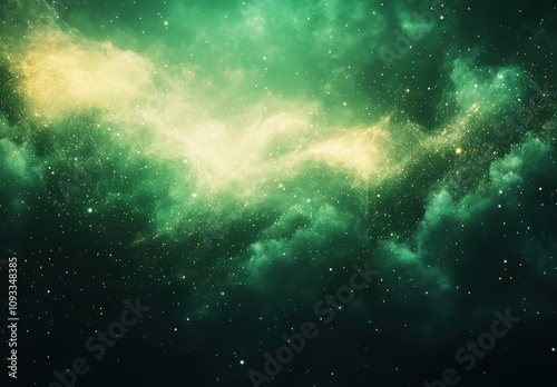 Ethereal Cosmic Scene of Green and Gold Nebula with Twinkling Stars Captured in Space Illustrating the Mysteries of the Universe and Celestial Beauty