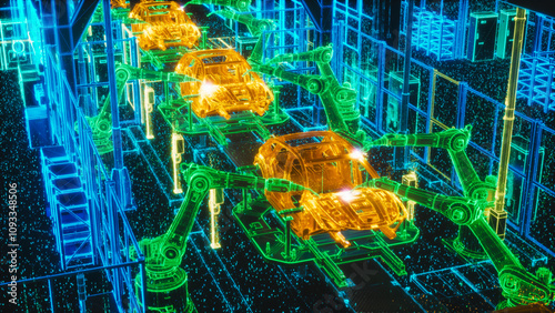 Car Factory Digitalization Industry 4.0 Computer Vision Concept: Automated Robot Arm Assembly Line Manufacturing Electric Vehicles. AI Computer Vision Analyzing, Scanning Production Efficiency