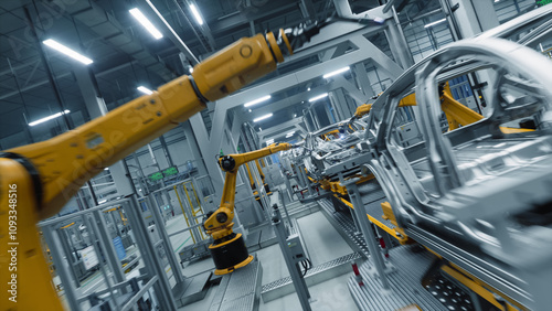 Autonomous Factory with Robotic Arms Autonomously Assembling Car Frames Factory. Artificial Intelligence, Precision Production and Manufacturing of Modern Sustainable Electric Vehicles Of the Future