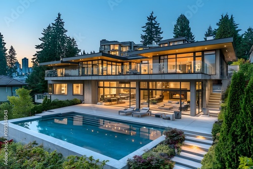 modern luxury house with glass architecture, elegant design, evening cityscape, infinity pool, and skyline view