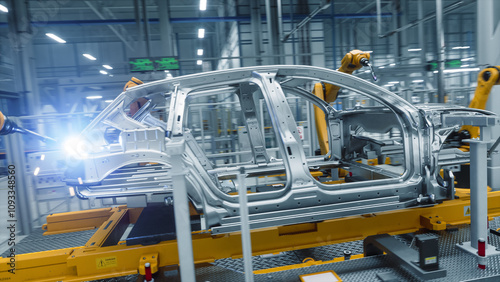 Autonomous Factory with Robotic Arms Autonomously Assembling Car Frames At the Factory. Artificial Intelligence, Precision Production, and Manufacturing of Sustainable, Green Electric Vehicles