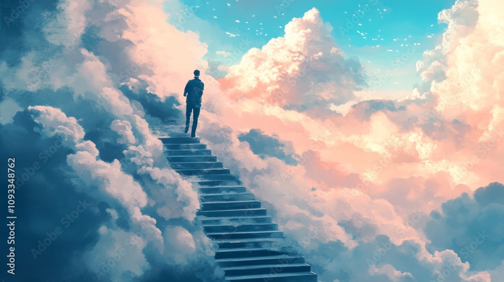 a man climbs the stairs against a background of clouds concepts a man climbs the stairs against a background of clouds concepts