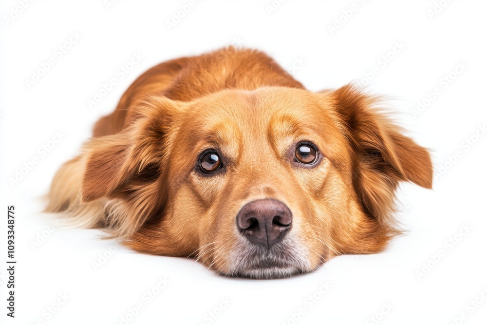 A golden retriever dog lying down with a peaceful expression, close-up shot on a white isolated background. A golden retriever dog lying down with a peaceful expression, close-up shot on a white isolated background.