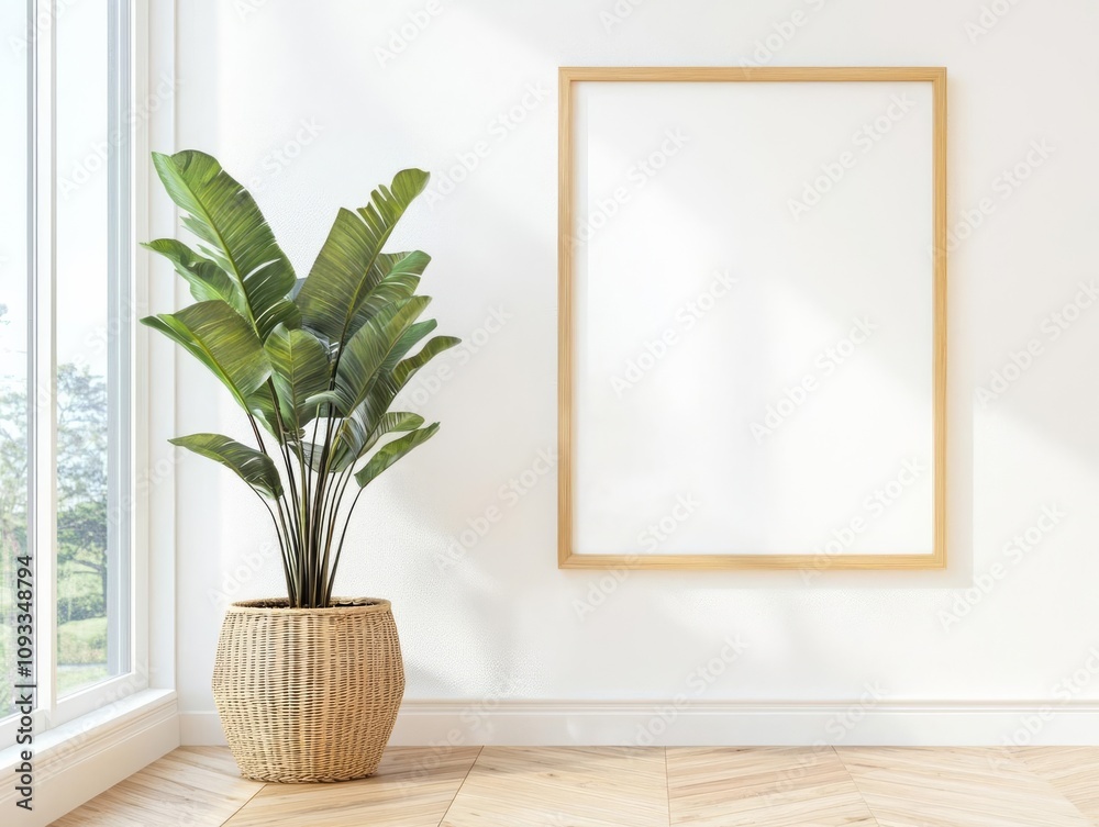 Vertical frame mockup hanging next to a large window, flooding the room with natural light and a serene ambiance Vertical frame mockup hanging next to a large window, flooding the room with natural light and a serene ambiance