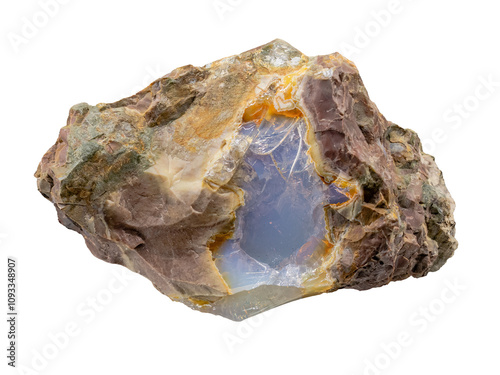 Blue opal isolated on white background. Opal is a hydrated amorphous form of silica.