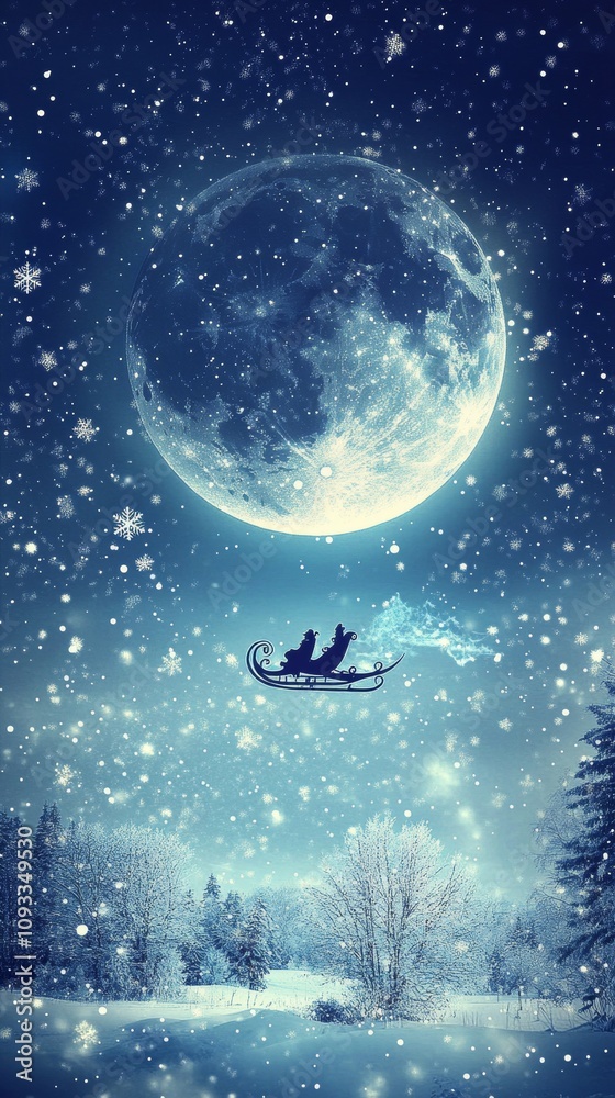 Magical Winter Night Santa in Sleigh under Moonlight with Snowflakes Falling Magical Winter Night Santa in Sleigh under Moonlight with Snowflakes Falling