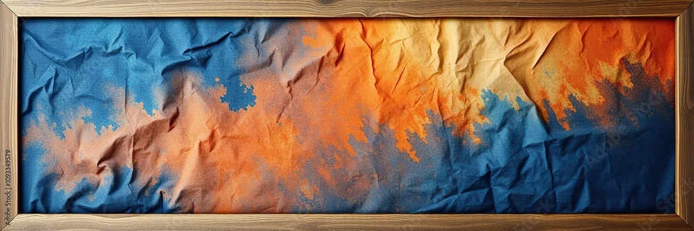 Fototapeta premium Navy blue and orange wrinkled textile with multicolored wavy surface wallpaper in a rustic wood frame, ocean, abstract art, marina