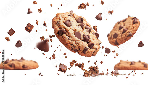Crumbling cookie pieces suspended in air with chocolate chips on white.