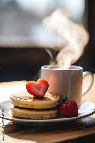 Heartwarming Valentine's breakfast scene with fluffy pancakes  heart-shaped strawberries  andsteaming cup of cocoa