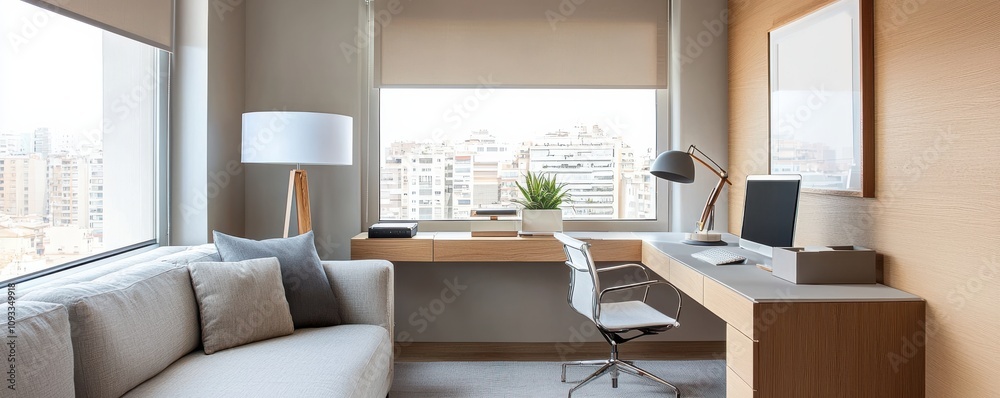 Fototapeta premium Maximizing functionality in a modern executive office urban space interior design minimalist environment integrated desk concept