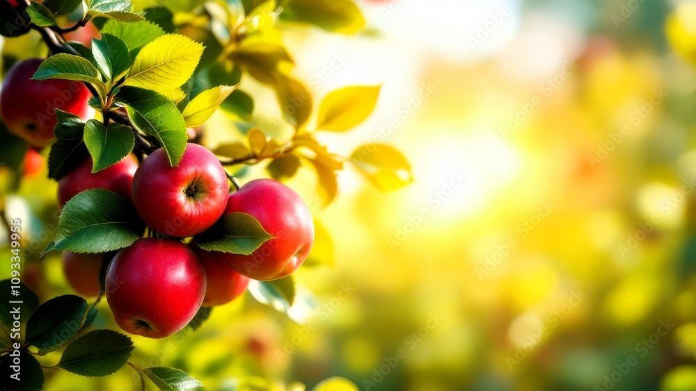 Photorealistic style, red apples hanging from an apple tree branch, bathed in bright sunlight. Creative banner composition, soft focus background, with ample copy space Photorealistic style, red apples hanging from an apple tree branch, bathed in bright sunlight. Creative banner composition, soft focus background, with ample copy space