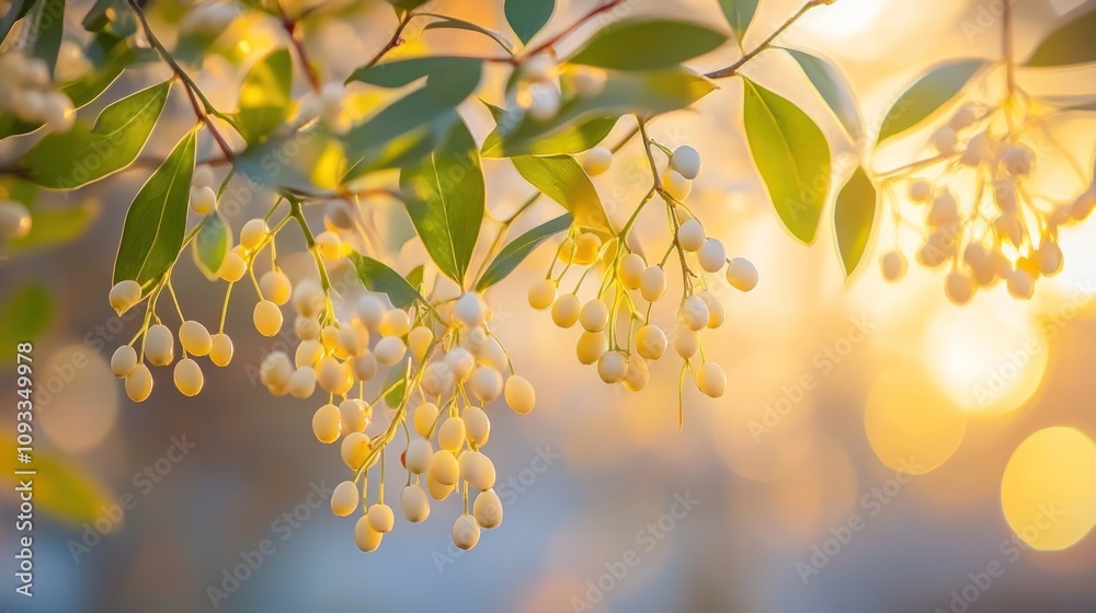 Golden Sunlight Illuminates White Berries on Green Branches