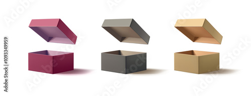 Set of realistic colored open boxes with lids, 3D. For packaging and branding concepts of goods, products, promotional offers and discounts. Vector illustration.