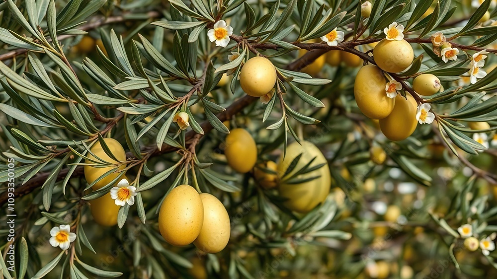Olive tree with eggs and flowers in the background, garden, landscape Olive tree with eggs and flowers in the background, garden, landscape