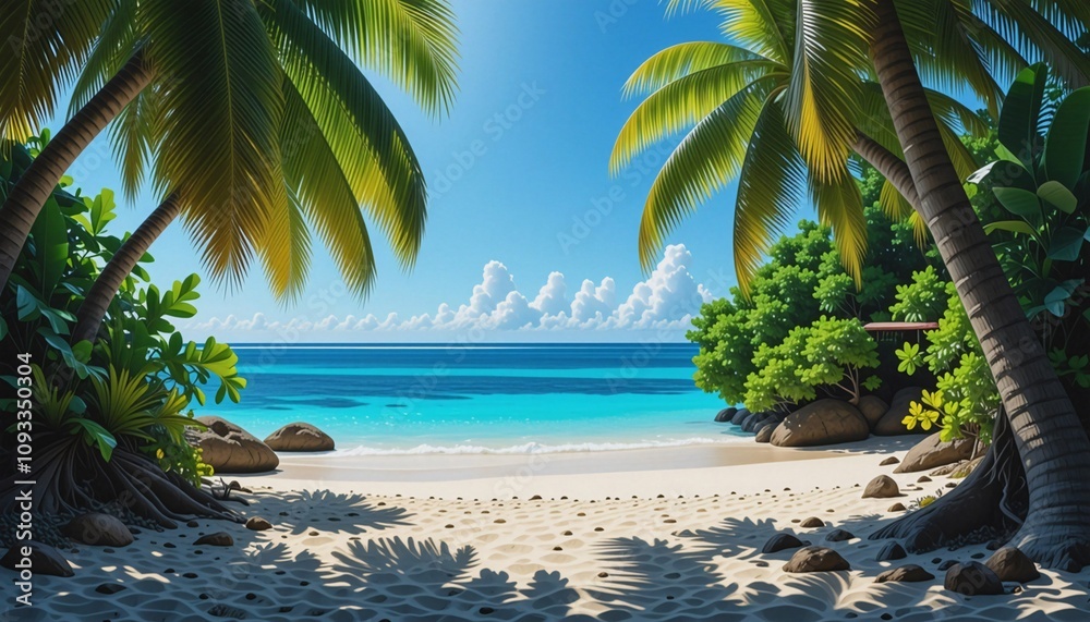 Fototapeta premium Scenic Tropical Beach with Palm Trees and Turquoise Waters
