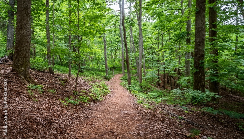 Fototapeta premium 푸른 숲속을 따라 이어진 산책, 트레일 코스