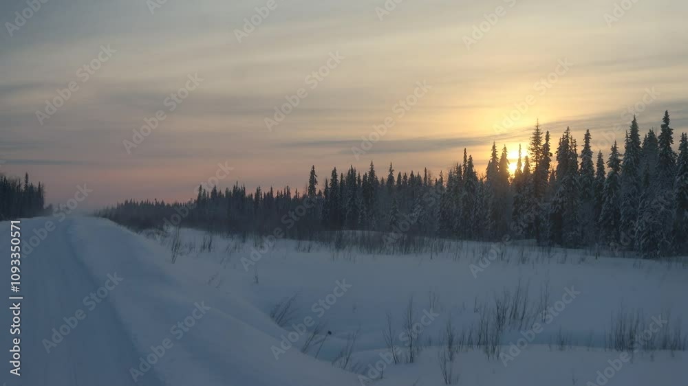 Difficult winter snowy roads in wide open spaces of Arctic forest-tundra. Russia, Komi Republic A short winter day, polar day and dim sun. The Polar Night is just around the corner. Transpolar Siberia Difficult winter snowy roads in wide open spaces of Arctic forest-tundra. Russia, Komi Republic A short winter day, polar day and dim sun. The Polar Night is just around the corner. Transpolar Siberia