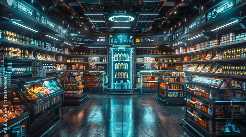 A futuristic grocery store with an AI-powered digital assistant on a wearable, guiding the user to items and offering recipe suggestions based on shopping preferences. A futuristic grocery store with an AI-powered digital assistant on a wearable, guiding the user to items and offering recipe suggestions based on shopping preferences.