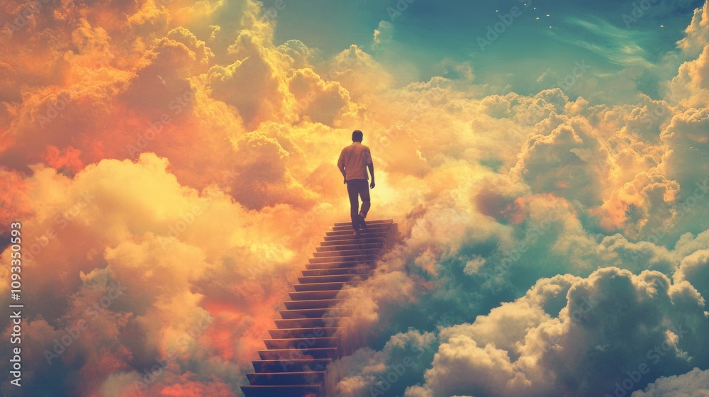 a man climbs the stairs against a background of clouds concepts a man climbs the stairs against a background of clouds concepts