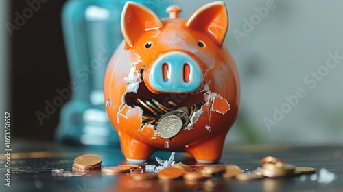 Broken orange piggy bank with coins spilling out on a wooden surface, symbolizing financial loss or savings photo