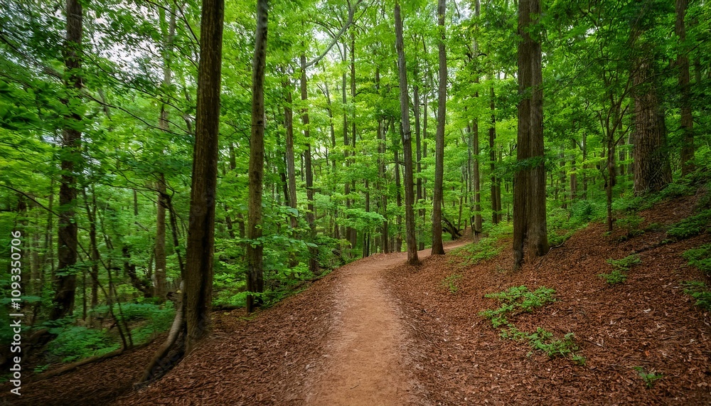 Fototapeta premium 푸른 숲속을 따라 이어진 산책, 트레일 코스