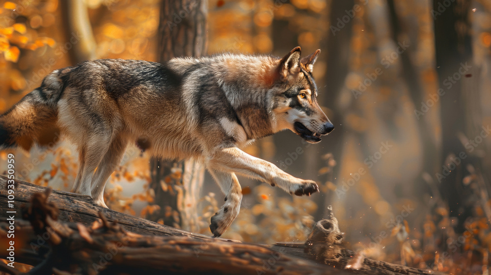 Wolf run along a path in the forest and jumping over a branch. Wild animal during hunting. Wolf run along a path in the forest and jumping over a branch. Wild animal during hunting.