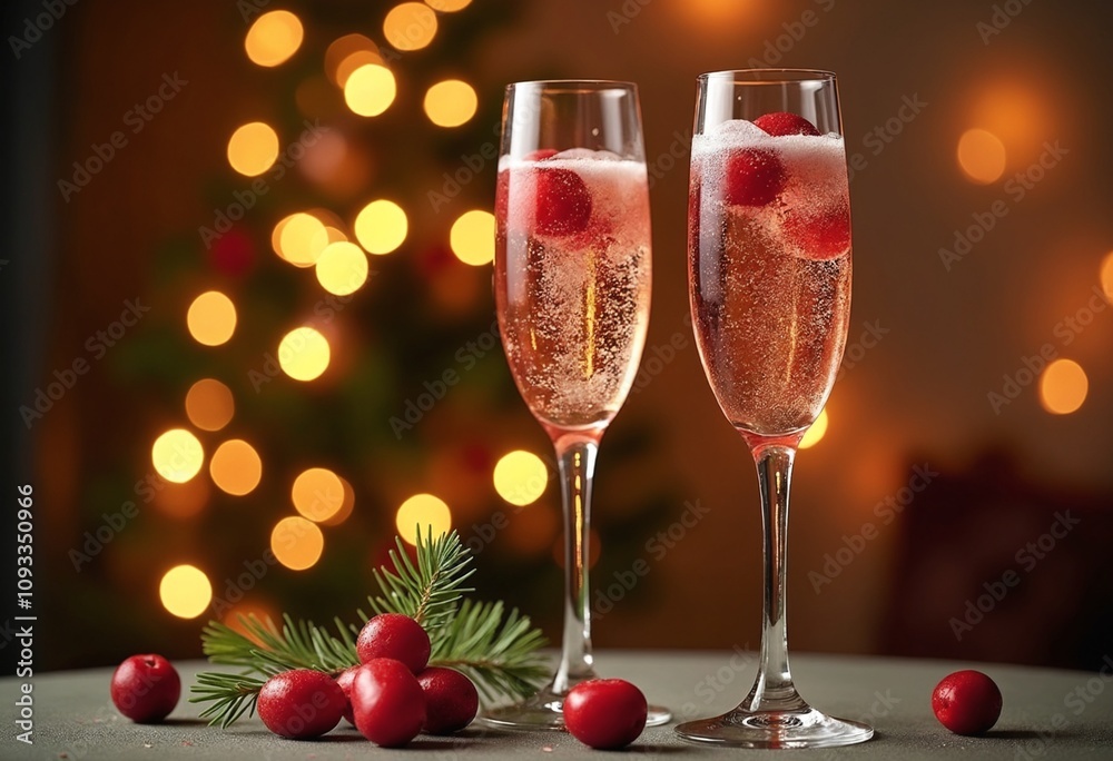 Two elegant champagne glasses filled with bubbly festive drinks and cranberries, set against a beautifully decorated Christmas background with bokeh lights Two elegant champagne glasses filled with bubbly festive drinks and cranberries, set against a beautifully decorated Christmas background with bokeh lights
