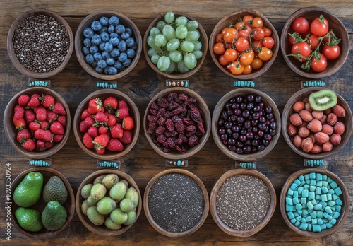 Fresh and Colorful Assortment of Fruits and Seeds Displayed in Wooden Bowls on Rustic Wooden Surface for a Healthy Lifestyle and Culinary Inspiration