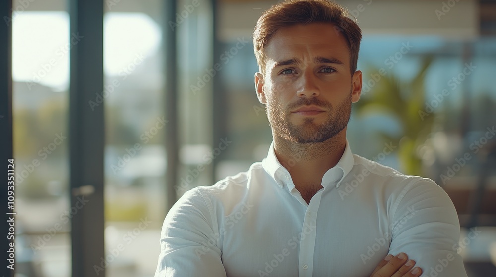 A confident man in a white shirt poses thoughtfully in a modern setting. A confident man in a white shirt poses thoughtfully in a modern setting.