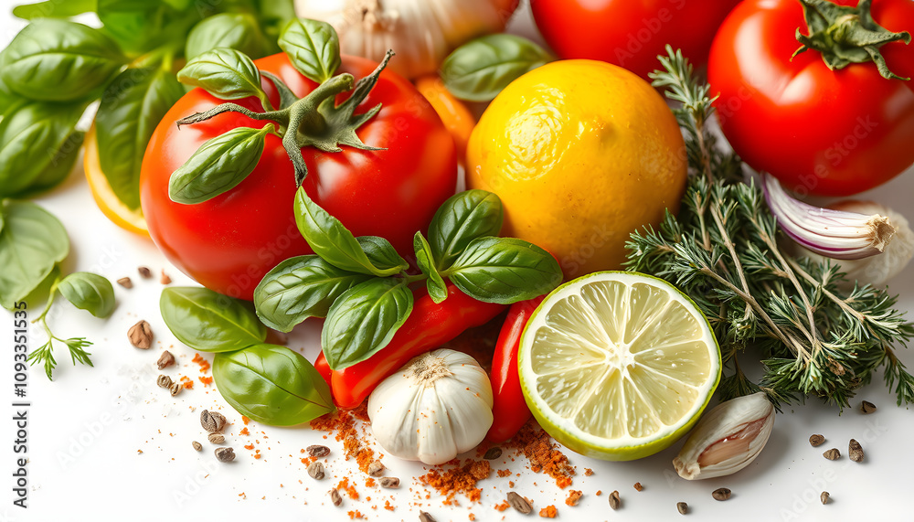 Spices and herbs. Tomato, basil, pepper, garlic, onion, thyme, lime, lemon, salt. Vegan healthy diet food on white banner background isolated with white highlights, png Spices and herbs. Tomato, basil, pepper, garlic, onion, thyme, lime, lemon, salt. Vegan healthy diet food on white banner background isolated with white highlights, png