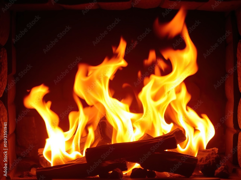 Fototapeta premium crackling flames dance in a warm fireplace, serene colors, warm glow, crackling fire