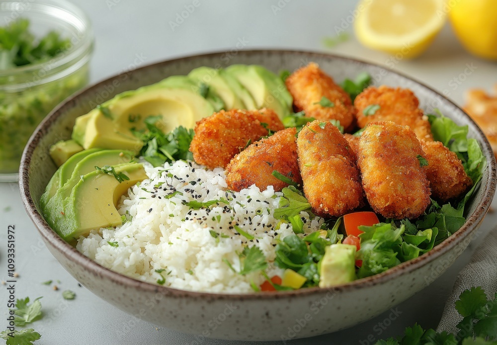 Fresh and Colorful Bowl of Crispy Coated Snack Bites Served with Creamy Avocado and Steamed Rice, Garnished with Fresh Herbs and Zesty Lemon Fresh and Colorful Bowl of Crispy Coated Snack Bites Served with Creamy Avocado and Steamed Rice, Garnished with Fresh Herbs and Zesty Lemon
