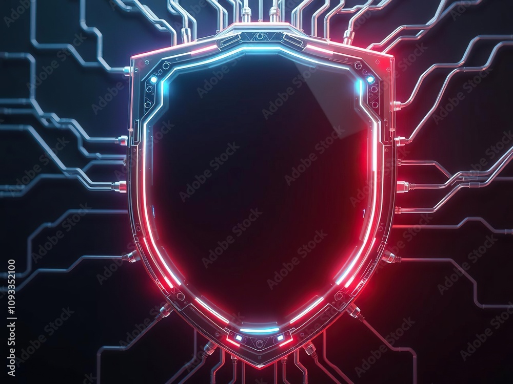 Fototapeta premium Cybernetic shield with fiber-optic glow and a mesh of silver wires, glowing fibers, energy barrier