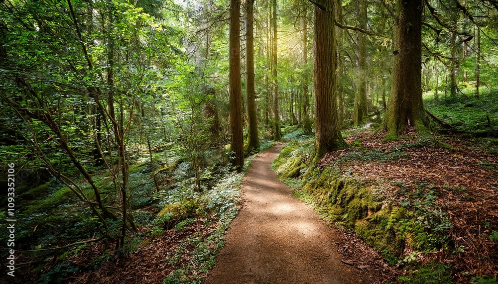 Obraz premium 푸른 숲속을 따라 이어진 산책, 트레일 코스