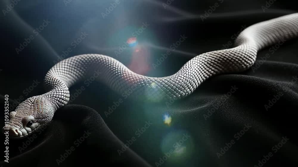 Close-up of a silver snake in a dramatic pose on a black background with light reflections