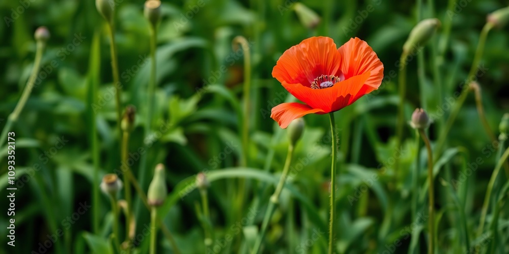 Red poppy flower in a lush green background, botanical, foliage, greenery Red poppy flower in a lush green background, botanical, foliage, greenery