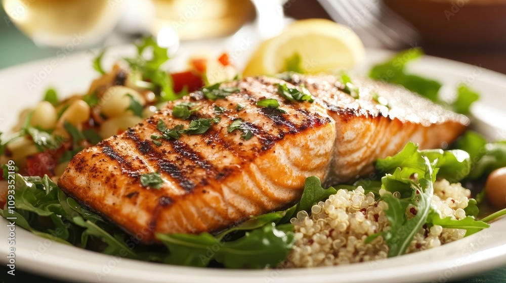 Grilled Salmon Fillet Served on a Plate with Fresh Greens, Quinoa, and Colorful Vegetables in a Delicious and Nutritious Meal Grilled Salmon Fillet Served on a Plate with Fresh Greens, Quinoa, and Colorful Vegetables in a Delicious and Nutritious Meal