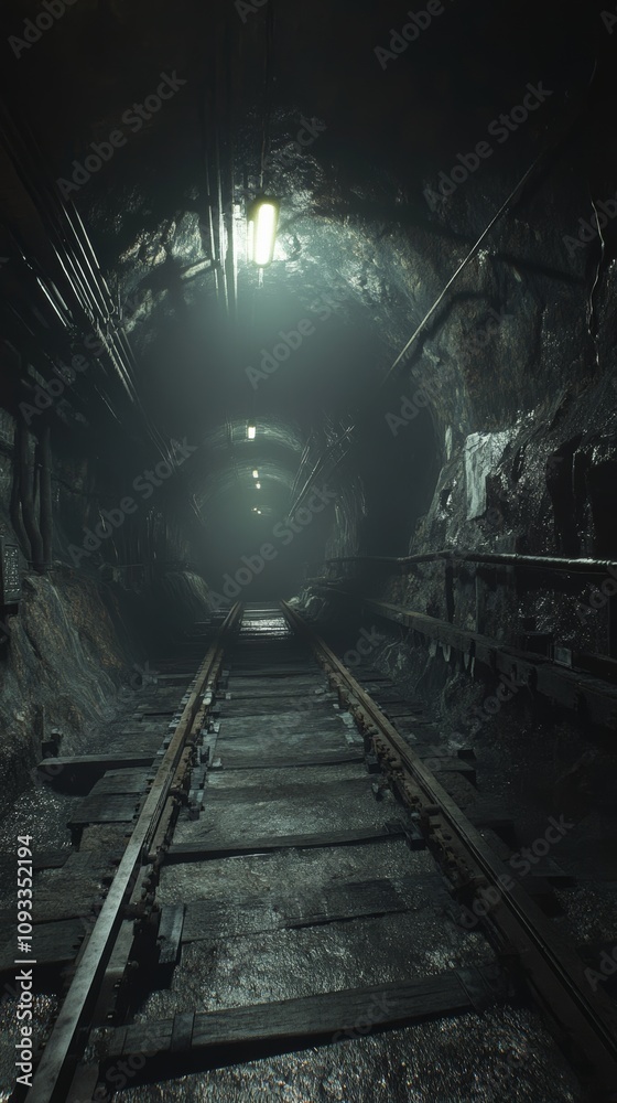 Naklejka premium Dark, Creepy Tunnel with Old Railway Tracks and Dim Lighting