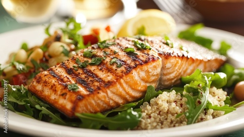 Grilled Salmon Fillet Served on a Plate with Fresh Greens, Quinoa, and Colorful Vegetables in a Delicious and Nutritious Meal