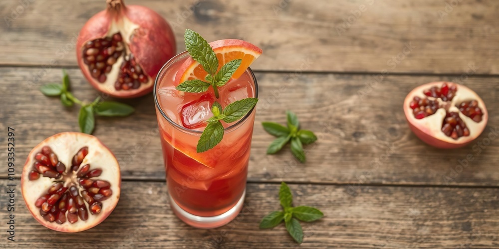 Refreshing pomegranate and orange cocktail garnished with fresh mint leaves on a rustic wooden table, table, refreshment, fresh Refreshing pomegranate and orange cocktail garnished with fresh mint leaves on a rustic wooden table, table, refreshment, fresh