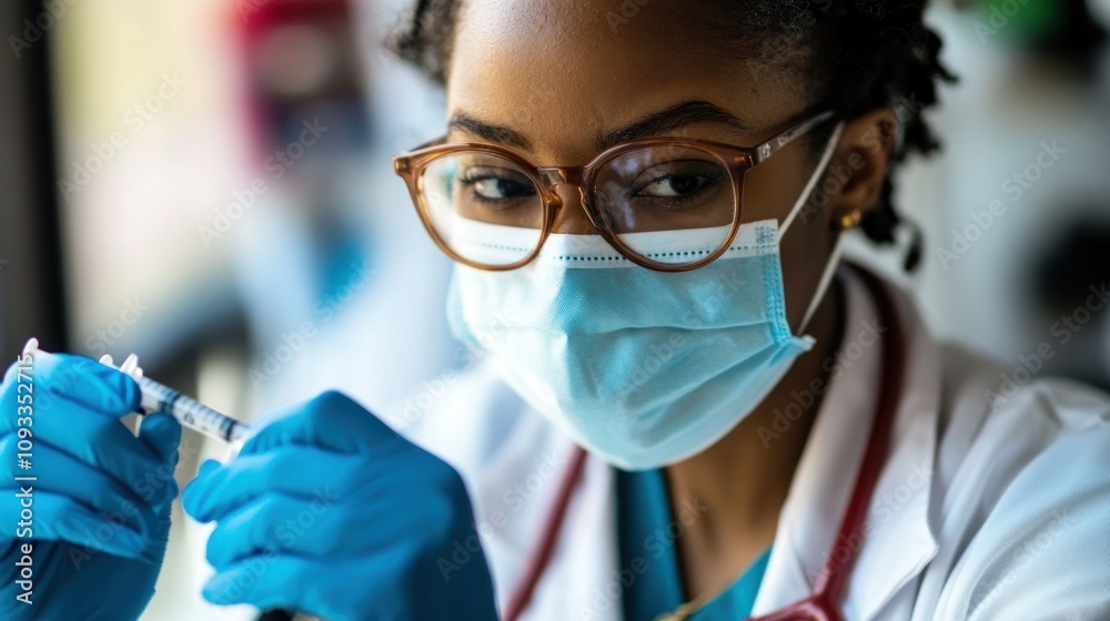 Close-up of a Black Female Doctor Filling a Syringe with Medication Close-up of a Black Female Doctor Filling a Syringe with Medication