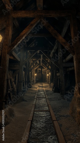 The interior of a coal mine with intricately carved wooden supports, dim lighting, and the faint glimmer of coal veins on the walls, evoking awe and historical craftsmanship. 