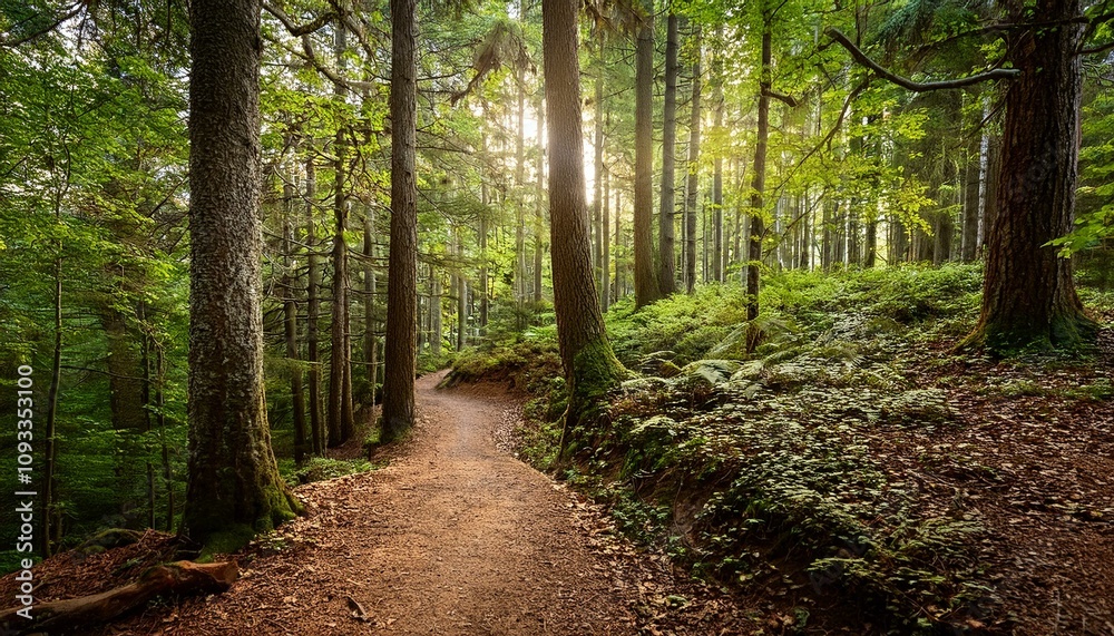Fototapeta premium 푸른 숲속을 따라 이어진 산책, 트레일 코스