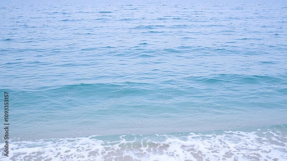 Serene ocean scene featuring a vast expanse of blue water with gentle waves lapping against the shore creating a foamy edge, beach shoreline, blue ocean, reflective surface Serene ocean scene featuring a vast expanse of blue water with gentle waves lapping against the shore creating a foamy edge, beach shoreline, blue ocean, reflective surface
