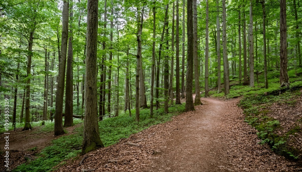 Obraz premium 푸른 숲속을 따라 이어진 산책, 트레일 코스