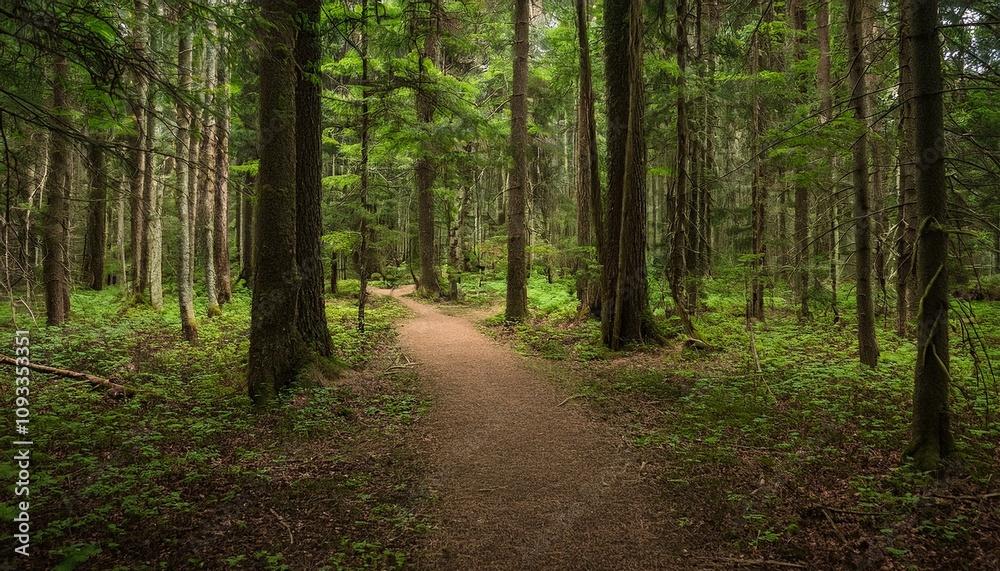 Fototapeta premium 푸른 숲속을 따라 이어진 산책, 트레일 코스
