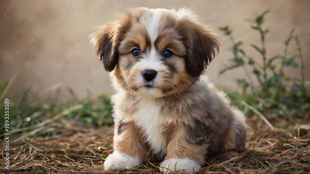Adorable fluffy puppy with blue eyes sitting outdoors. Adorable fluffy puppy with blue eyes sitting outdoors.