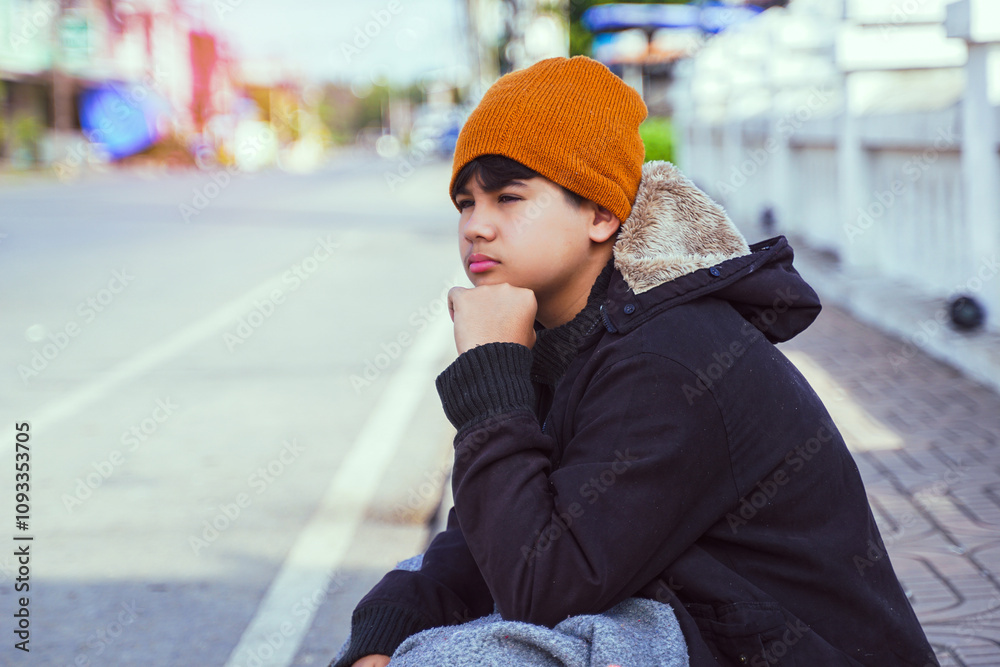 A teenage boy wearing a black jacket and yellow beanie sits on the sidewalk. Put your hands on your chin, your eyes looking out in front of you absentmindedly. A teenage boy wearing a black jacket and yellow beanie sits on the sidewalk. Put your hands on your chin, your eyes looking out in front of you absentmindedly.